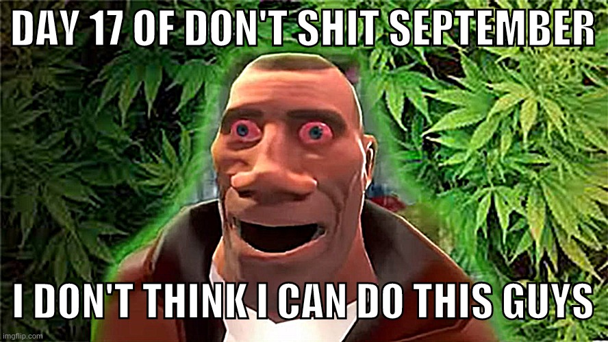 Soldier high | DAY 17 OF DON'T SHIT SEPTEMBER; I DON'T THINK I CAN DO THIS GUYS | image tagged in soldier high | made w/ Imgflip meme maker