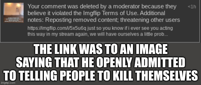 THE LINK WAS TO AN IMAGE SAYING THAT HE OPENLY ADMITTED TO TELLING PEOPLE TO KILL THEMSELVES | made w/ Imgflip meme maker