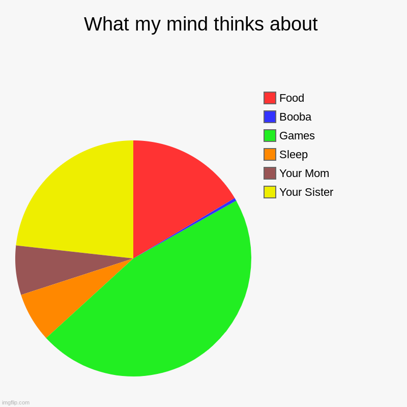 What my mind thinks about | Your Sister, Your Mom, Sleep, Games, Booba, Food | image tagged in charts,pie charts | made w/ Imgflip chart maker