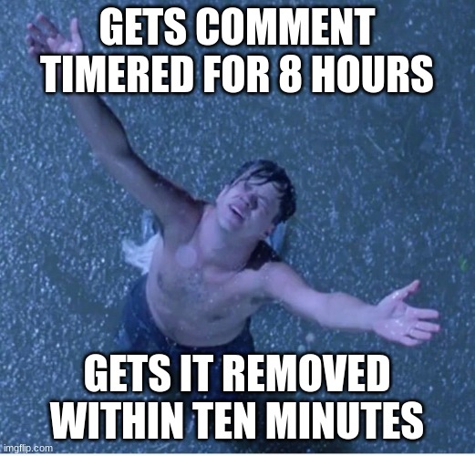 never underestimate the power of speech, and not calling the mods snowflakes | GETS COMMENT TIMERED FOR 8 HOURS; GETS IT REMOVED WITHIN TEN MINUTES | image tagged in shawshank redemption freedom | made w/ Imgflip meme maker