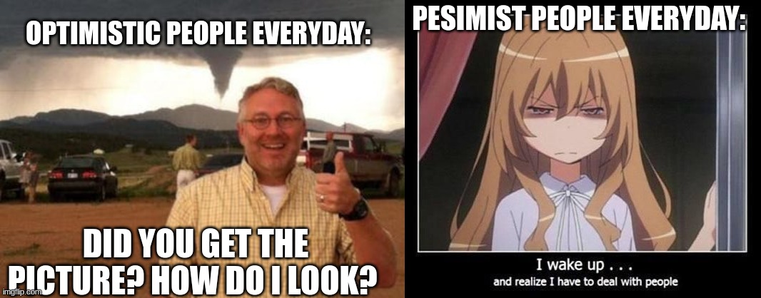 OPTIMISTIC PEOPLE EVERYDAY:; PESIMIST PEOPLE EVERYDAY:; DID YOU GET THE PICTURE? HOW DO I LOOK? | image tagged in optimistic person,not amused | made w/ Imgflip meme maker