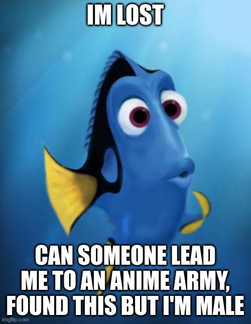 Dory | IM LOST CAN SOMEONE LEAD ME TO AN ANIME ARMY, FOUND THIS BUT I'M MALE | image tagged in dory | made w/ Imgflip meme maker