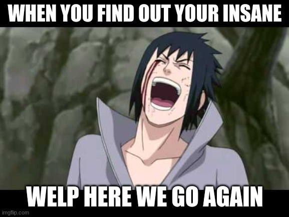 Laughing sasuke | WHEN YOU FIND OUT YOUR INSANE; WELP HERE WE GO AGAIN | image tagged in laughing sasuke | made w/ Imgflip meme maker