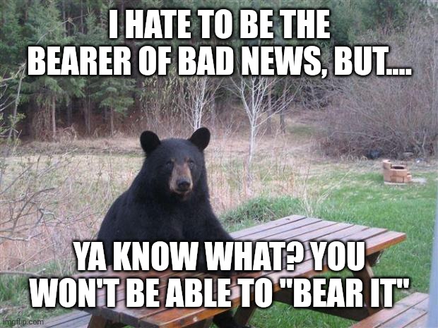 Yet another terrible animal pun... | I HATE TO BE THE BEARER OF BAD NEWS, BUT.... YA KNOW WHAT? YOU WON'T BE ABLE TO "BEAR IT" | image tagged in bear of bad news | made w/ Imgflip meme maker