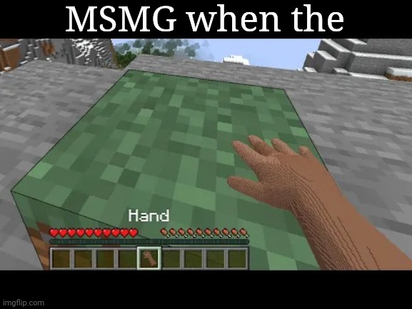Hand touching Minecraft grass block | MSMG when the | image tagged in hand touching minecraft grass block | made w/ Imgflip meme maker