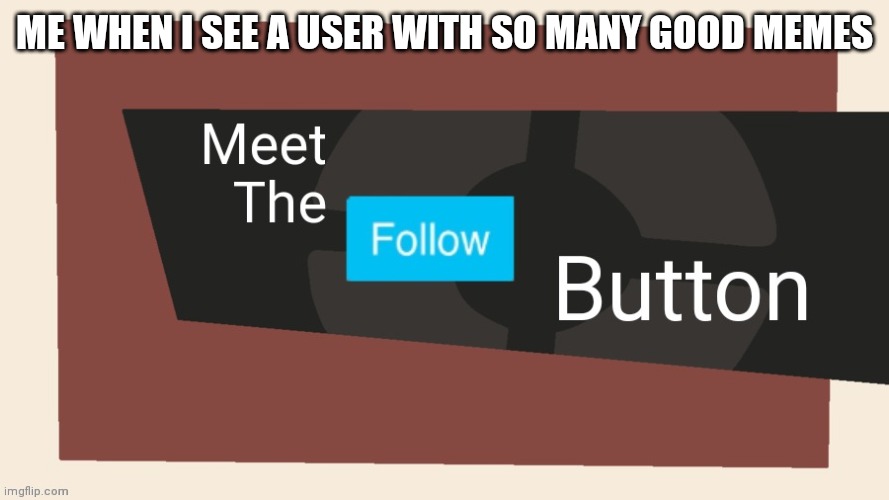 Meet the follow button | ME WHEN I SEE A USER WITH SO MANY GOOD MEMES | image tagged in meet the follow button | made w/ Imgflip meme maker
