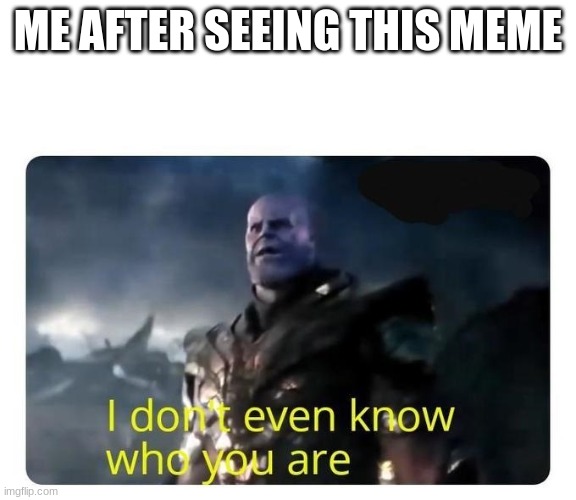 thanos I don't even know who you are | ME AFTER SEEING THIS MEME | image tagged in thanos i don't even know who you are | made w/ Imgflip meme maker