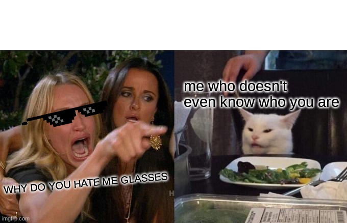 sus | me who doesn't even know who you are; WHY DO YOU HATE ME GLASSES | image tagged in memes,woman yelling at cat | made w/ Imgflip meme maker