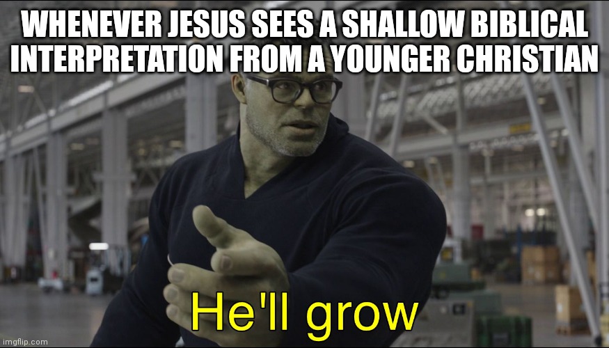Read your Bible and pray every day and you'll grow. | WHENEVER JESUS SEES A SHALLOW BIBLICAL INTERPRETATION FROM A YOUNGER CHRISTIAN | image tagged in he'll grow | made w/ Imgflip meme maker