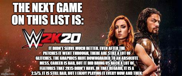 THE NEXT GAME ON THIS LIST IS:; IT DIDN'T SERVE MUCH BETTER. EVEN AFTER THE PATCHES IT WENT THROUGH, THERE ARE STILL A LOT OF GLITCHES. THE GRAPHICS HAVE DOWNGRADED TO AN ABSOLUTE MESS, CAREER IS BAD, BUT IT DID BRING US BACK A LOT OF FEATURES THAT 2K15 DIDN'T HAVE. IN THAT REGARD, IT IS A 2.5/5. IT IS STILL BAD, BUT I ENJOY PLAYING IT EVERY NOW AND THEN. | made w/ Imgflip meme maker