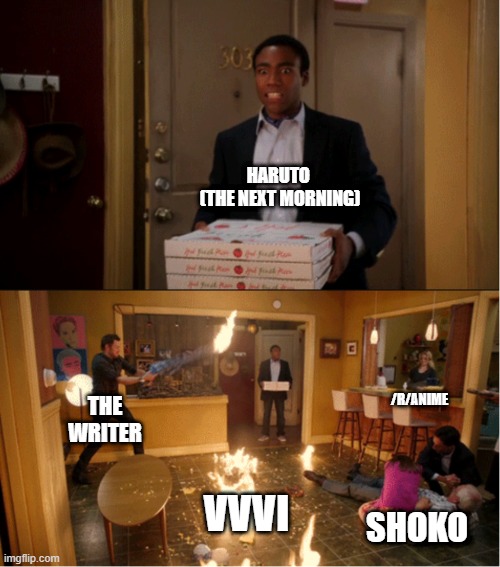 Community Fire Pizza Meme | HARUTO 
(THE NEXT MORNING); /R/ANIME; THE WRITER; VVVI; SHOKO | image tagged in community fire pizza meme | made w/ Imgflip meme maker