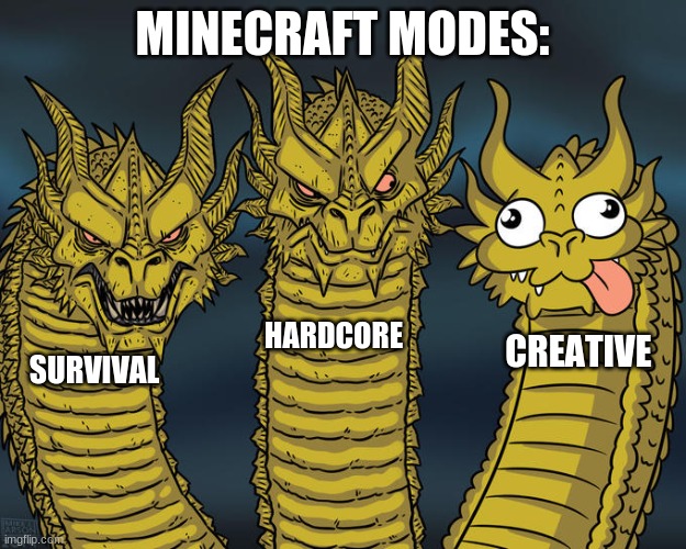 MineCraft modes | MINECRAFT MODES:; HARDCORE; CREATIVE; SURVIVAL | image tagged in three-headed dragon | made w/ Imgflip meme maker