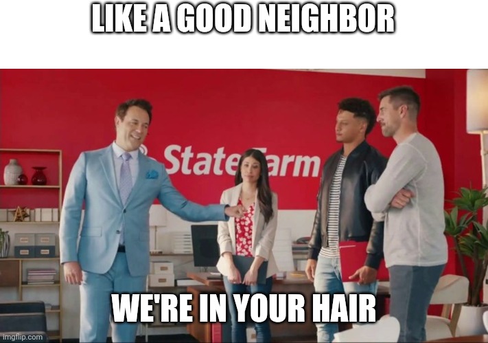 Like a good neighbor, but in your hair | LIKE A GOOD NEIGHBOR; WE'RE IN YOUR HAIR | image tagged in superbowl liv | made w/ Imgflip meme maker