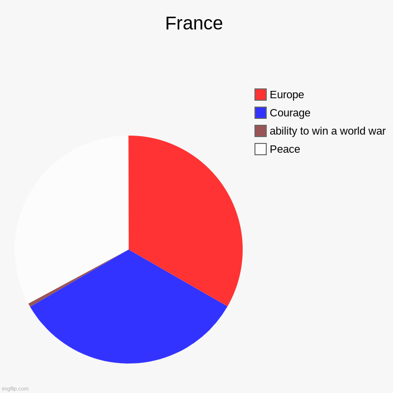 skill issue smh | France | Peace, ability to win a world war, Courage, Europe | image tagged in charts,pie charts | made w/ Imgflip chart maker