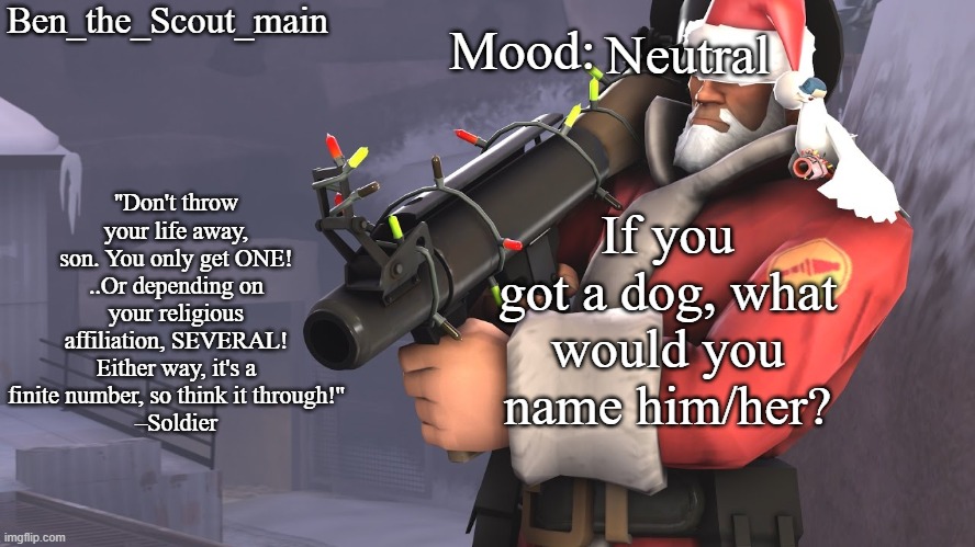 only people without a dog can comment | Neutral; If you got a dog, what would you name him/her? | image tagged in ben's tf2 christmas temp | made w/ Imgflip meme maker