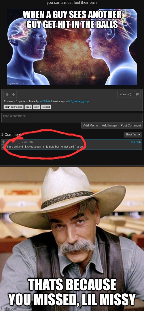 one does not simply get kicked in the balls and say ¨harder¨ | THATS BECAUSE YOU MISSED, LIL MISSY | image tagged in sarcasm cowboy | made w/ Imgflip meme maker