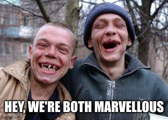 Ugly Twins Meme | HEY, WE'RE BOTH MARVELLOUS | image tagged in memes,ugly twins | made w/ Imgflip meme maker