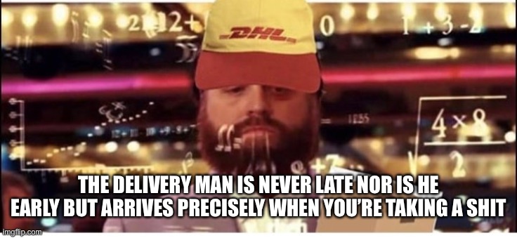 THE DELIVERY MAN IS NEVER LATE NOR IS HE EARLY BUT ARRIVES PRECISELY WHEN YOU’RE TAKING A SHIT | image tagged in memes,gandalf | made w/ Imgflip meme maker