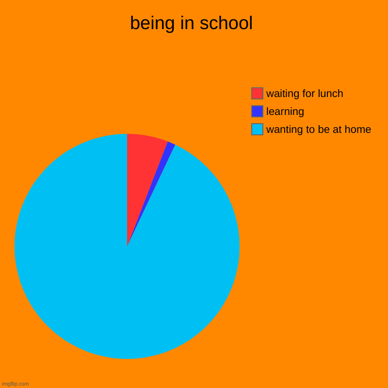 being in school | wanting to be at home, learning, waiting for lunch | image tagged in charts,pie charts | made w/ Imgflip chart maker