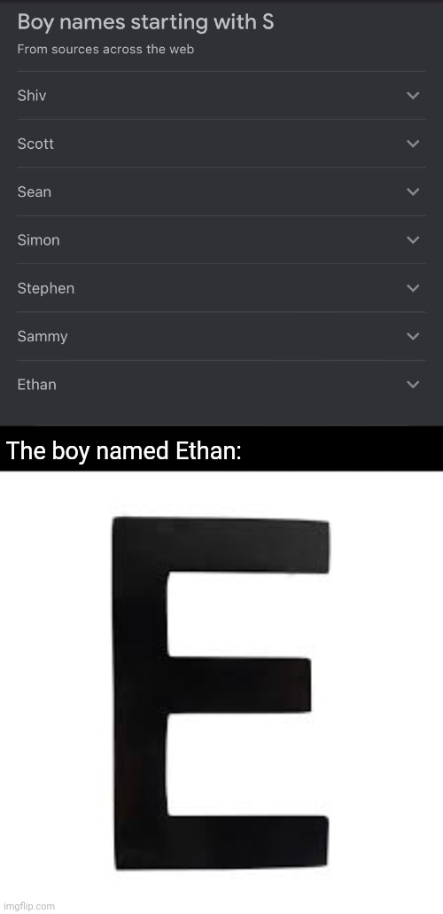 Ethan tho | The boy named Ethan: | image tagged in e,ethan,names,you had one job,memes,meme | made w/ Imgflip meme maker