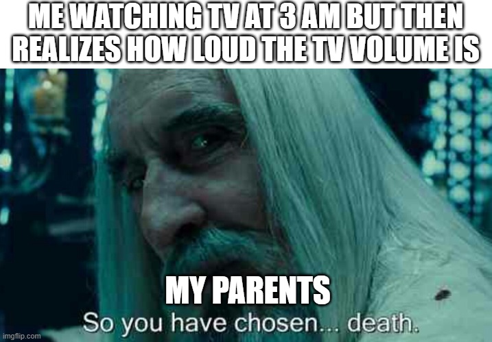 This ever happen 2 u? |  ME WATCHING TV AT 3 AM BUT THEN REALIZES HOW LOUD THE TV VOLUME IS; MY PARENTS | image tagged in so you have chosen death,memes,funny memes,facts,relateable | made w/ Imgflip meme maker