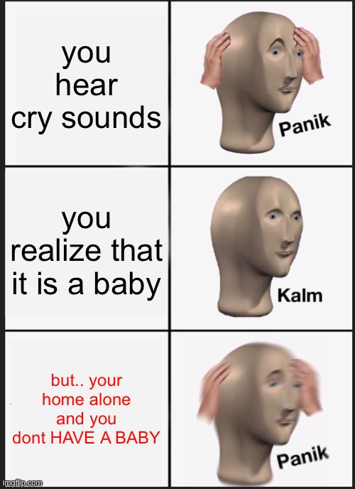 That one moment | you hear cry sounds; you realize that it is a baby; but.. your home alone and you dont HAVE A BABY | image tagged in memes,panik kalm panik | made w/ Imgflip meme maker