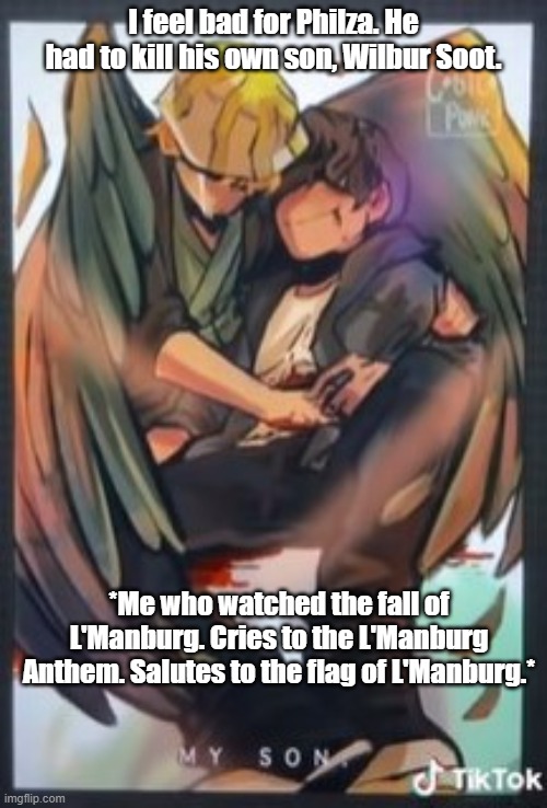 Poor Philza. | I feel bad for Philza. He had to kill his own son, Wilbur Soot. *Me who watched the fall of L'Manburg. Cries to the L'Manburg Anthem. Salutes to the flag of L'Manburg.* | image tagged in dream smp | made w/ Imgflip meme maker