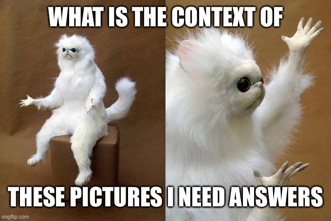 Explain |  WHAT IS THE CONTEXT OF; THESE PICTURES I NEED ANSWERS | image tagged in memes,persian cat room guardian | made w/ Imgflip meme maker