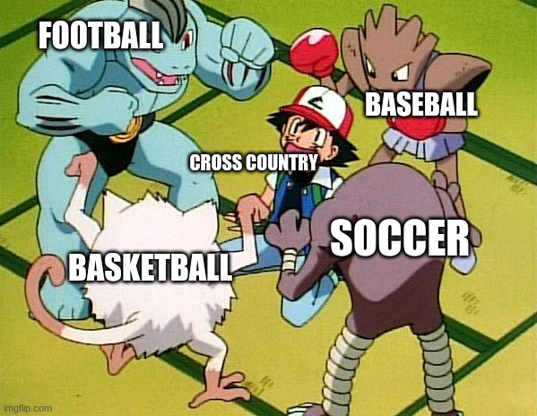 it's the shorts | BASEBALL; FOOTBALL; CROSS COUNTRY; SOCCER; BASKETBALL | image tagged in pokemon gang | made w/ Imgflip meme maker