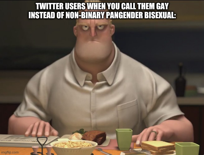 mr incredible staring | TWITTER USERS WHEN YOU CALL THEM GAY INSTEAD OF NON-BINARY PANGENDER BISEXUAL: | image tagged in mr incredible staring | made w/ Imgflip meme maker