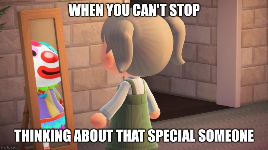Animal crossing mirror clown | WHEN YOU CAN'T STOP; THINKING ABOUT THAT SPECIAL SOMEONE | image tagged in animal crossing mirror clown | made w/ Imgflip meme maker