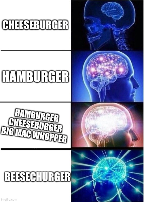 Expanding Brain | CHEESEBURGER; HAMBURGER; HAMBURGER CHEESEBURGER BIG MAC WHOPPER; BEESECHURGER | image tagged in memes,expanding brain | made w/ Imgflip meme maker