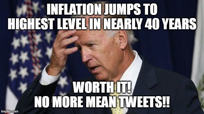 Everyone, rich and poor, and paying for the BAD decisions of Democrats. | INFLATION JUMPS TO HIGHEST LEVEL IN NEARLY 40 YEARS; WORTH IT!
NO MORE MEAN TWEETS!! | image tagged in joe biden worries,stupid liberals,election fraud | made w/ Imgflip meme maker