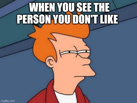 Futurama Fry Meme | WHEN YOU SEE THE PERSON YOU DON'T LIKE | image tagged in memes,futurama fry | made w/ Imgflip meme maker