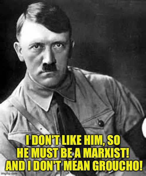 Adolf Hitler | I DON'T LIKE HIM, SO HE MUST BE A MARXIST!  AND I DON'T MEAN GROUCHO! | image tagged in adolf hitler | made w/ Imgflip meme maker