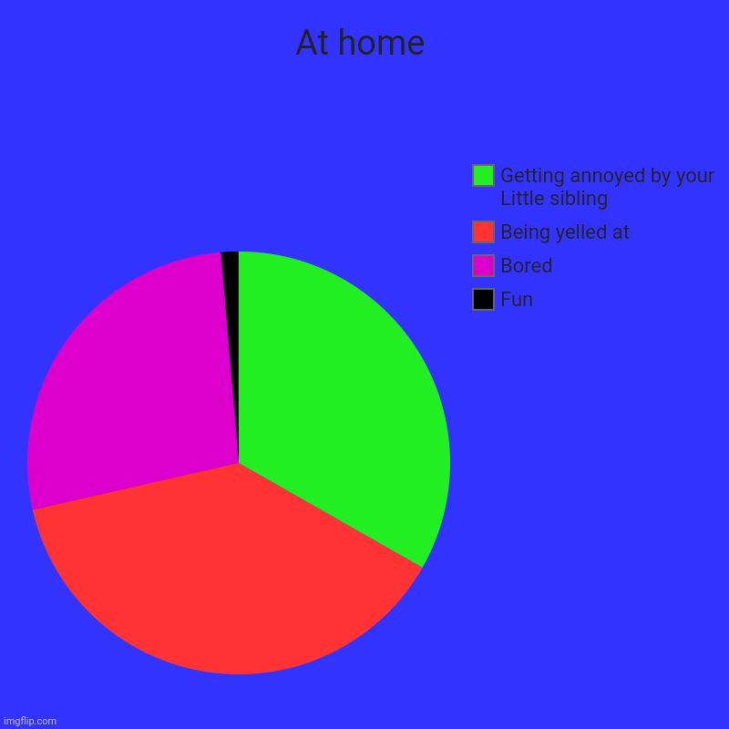 At home | Fun, Bored, Being yelled at, Getting annoyed by your Little sibling | image tagged in charts,pie charts | made w/ Imgflip chart maker