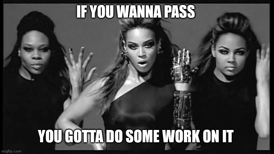 Beyonce single ladies | IF YOU WANNA PASS; YOU GOTTA DO SOME WORK ON IT | image tagged in beyonce single ladies | made w/ Imgflip meme maker