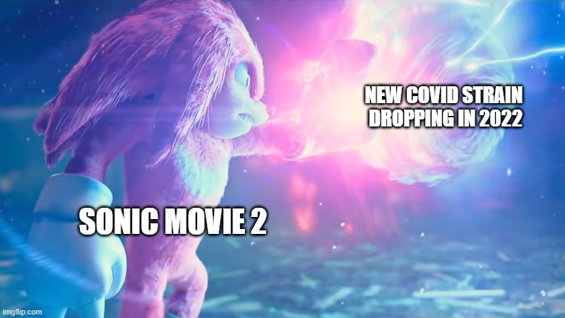 Sonic bookmarking the pandemic | NEW COVID STRAIN 
DROPPING IN 2022; SONIC MOVIE 2 | image tagged in knuckles stops sonic | made w/ Imgflip meme maker