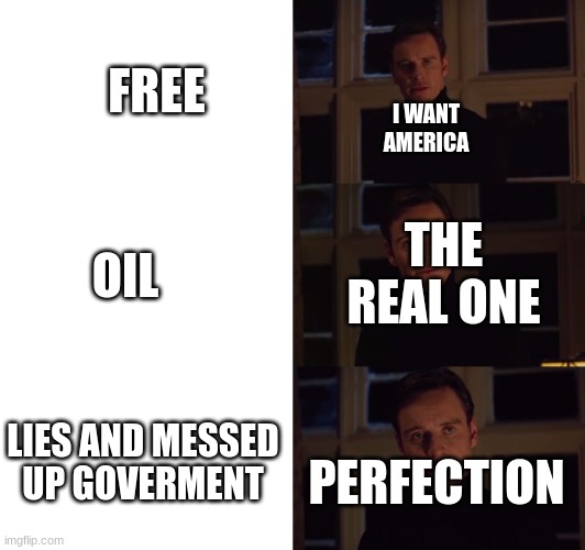 trueee |  FREE; I WANT AMERICA; THE REAL ONE; OIL; LIES AND MESSED UP GOVERMENT; PERFECTION | image tagged in perfection | made w/ Imgflip meme maker