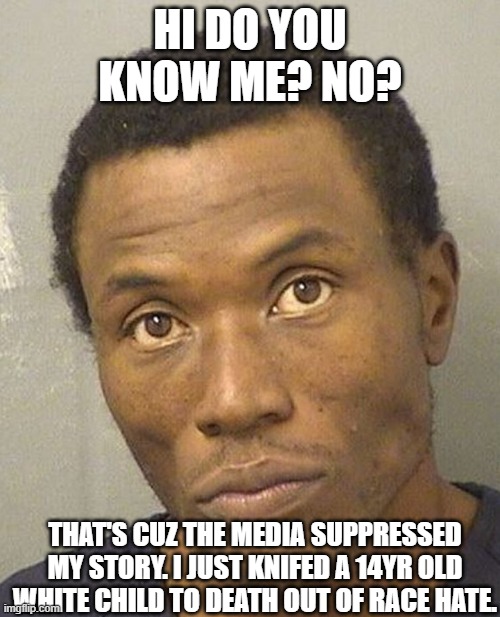 Race hate | HI DO YOU KNOW ME? NO? THAT'S CUZ THE MEDIA SUPPRESSED MY STORY. I JUST KNIFED A 14YR OLD WHITE CHILD TO DEATH OUT OF RACE HATE. | image tagged in race hate,syphillis,black on white crime hushed up,memes,hate and mental illness,kid was just riding his bike | made w/ Imgflip meme maker