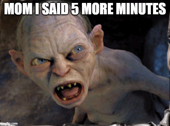5 MORE MINUTES | MOM I SAID 5 MORE MINUTES | image tagged in gollum lord of the rings | made w/ Imgflip meme maker