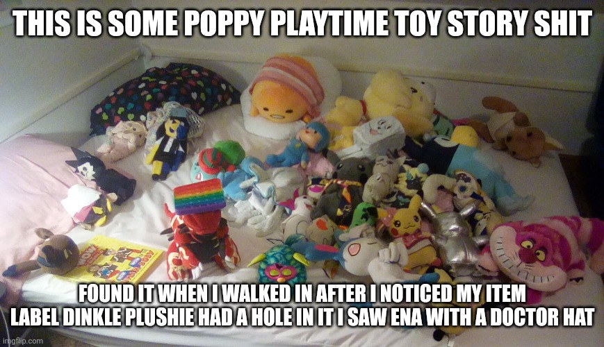 Help my toys are haunted with souls of animals and people | THIS IS SOME POPPY PLAYTIME TOY STORY SHIT; FOUND IT WHEN I WALKED IN AFTER I NOTICED MY ITEM LABEL DINKLE PLUSHIE HAD A HOLE IN IT I SAW ENA WITH A DOCTOR HAT | image tagged in help my toys are haunted | made w/ Imgflip meme maker