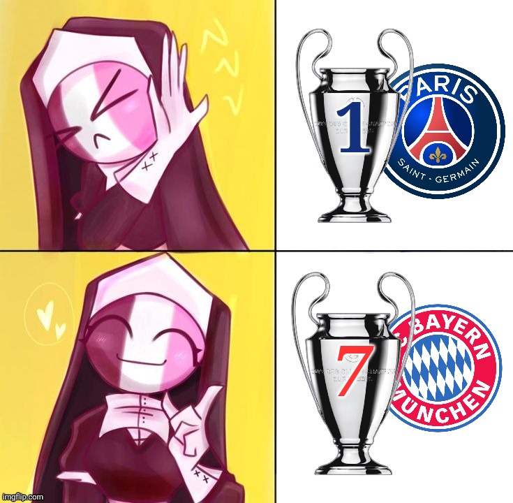 Sarvente doesn't want PSG to win the UCL, she wants Bayern Munich to win to equalize Milan at the trophy number 7! |  1; 7 | image tagged in sarvente drake meme template,psg,bayern munich,champions league,friday night funkin,memes | made w/ Imgflip meme maker