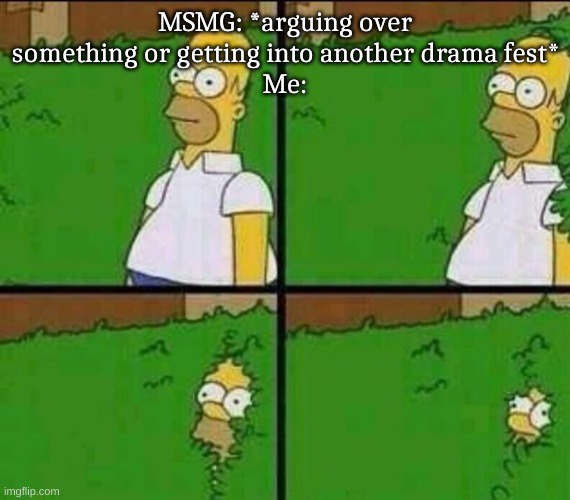 Homer Simpson in Bush - Large | MSMG: *arguing over something or getting into another drama fest*
Me: | image tagged in homer simpson in bush - large | made w/ Imgflip meme maker