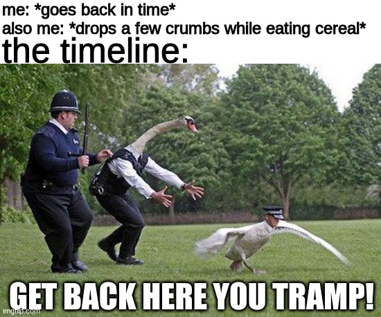 cursed | me: *goes back in time*
also me: *drops a few crumbs while eating cereal*; the timeline:; GET BACK HERE YOU TRAMP! | image tagged in memes,cursed image | made w/ Imgflip meme maker