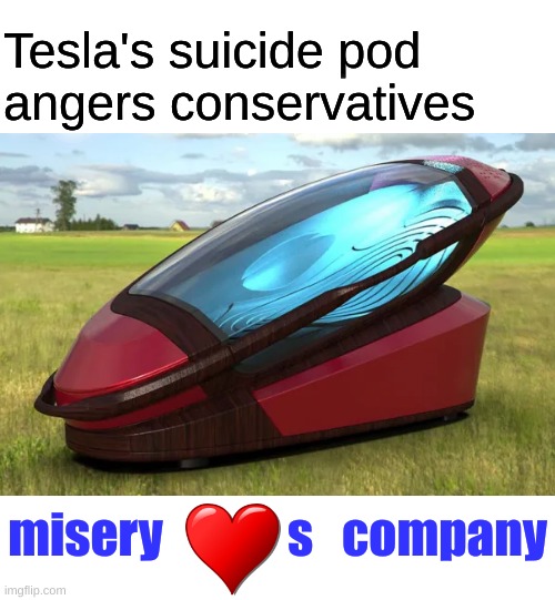 what if it let antivaxxers into heaven? | Tesla's suicide pod
angers conservatives; misery             s   company | image tagged in tesla,suicide,conservative hypocrisy,memes,switzerland,pod | made w/ Imgflip meme maker