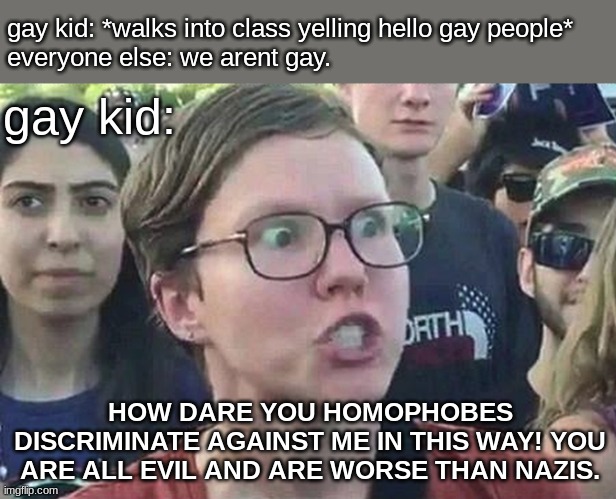 this is an exaggeration of what happened but it aint far from the truth. | gay kid: *walks into class yelling hello gay people*
everyone else: we arent gay. gay kid:; HOW DARE YOU HOMOPHOBES DISCRIMINATE AGAINST ME IN THIS WAY! YOU ARE ALL EVIL AND ARE WORSE THAN NAZIS. | image tagged in triggered liberal,lgbtq,gay,triggered | made w/ Imgflip meme maker