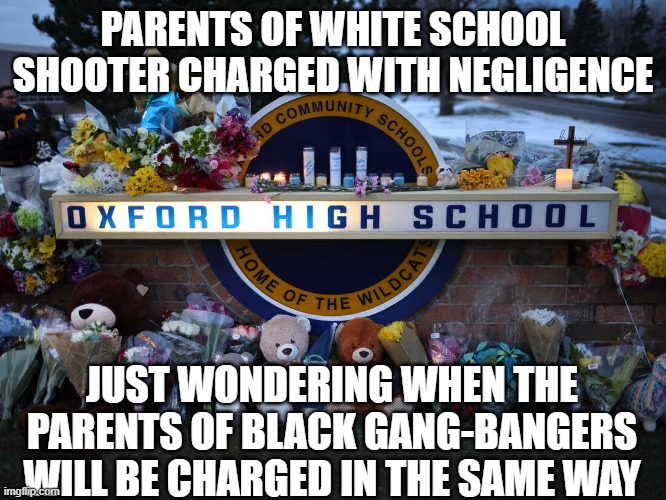 Persecution for white privilege |  PARENTS OF WHITE SCHOOL SHOOTER CHARGED WITH NEGLIGENCE; JUST WONDERING WHEN THE PARENTS OF BLACK GANG-BANGERS WILL BE CHARGED IN THE SAME WAY | image tagged in justice,crime,school shooter,tragedy | made w/ Imgflip meme maker