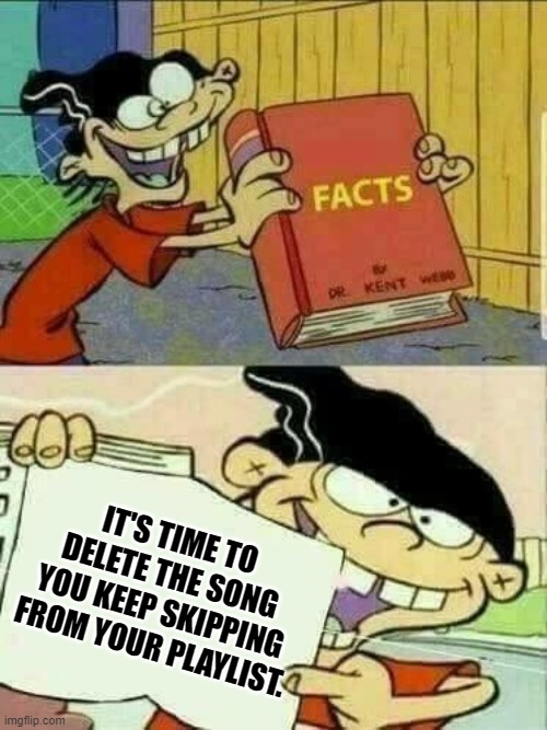 Facts | IT'S TIME TO DELETE THE SONG YOU KEEP SKIPPING FROM YOUR PLAYLIST. | image tagged in double d facts book | made w/ Imgflip meme maker