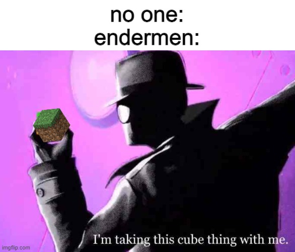 iTS FUNNI CUZ TRUE | no one:
endermen: | image tagged in i'm taking this cube thing with me,minecraft,minecraft memes | made w/ Imgflip meme maker